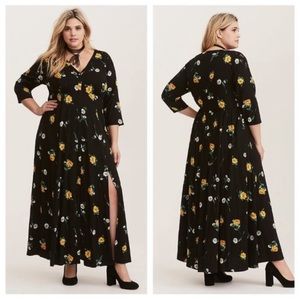 Torrid long sleeve black dress with yellow flowers